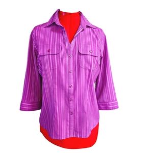 Joanna Stretch Violet Striped 3/4 Sleeve Button Down Blouse Size M